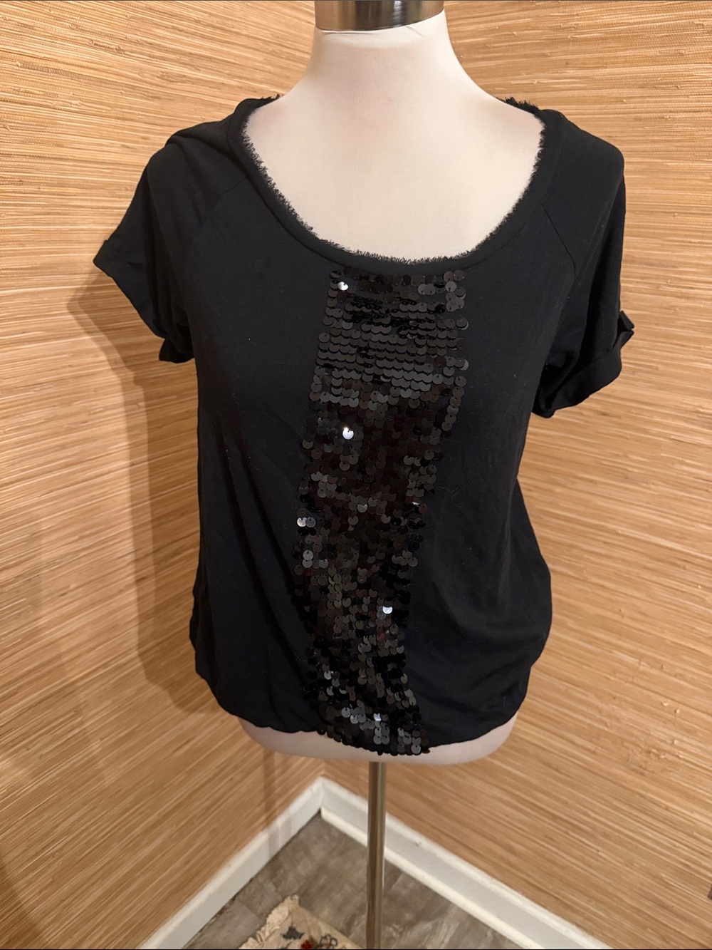 Women's Black Sequin Front Short Sleeve Top